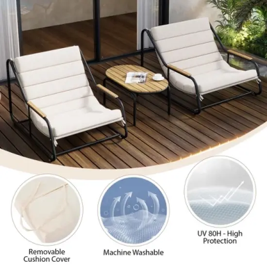 Outdoor Chaise Lounge Chair Set of 3, Patio Reclining Chair with Acacia Side Table, Pool Sunbathing Recliner with Cushion for Patio Backyard image {1}