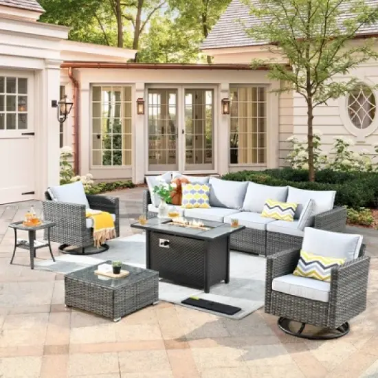 Ovios Venice 9pc Wicker Outdoor Patio Furniture Set Conversation Sofa with a Metal Fire Pit, Swivel Chairs and Cushions image {20}