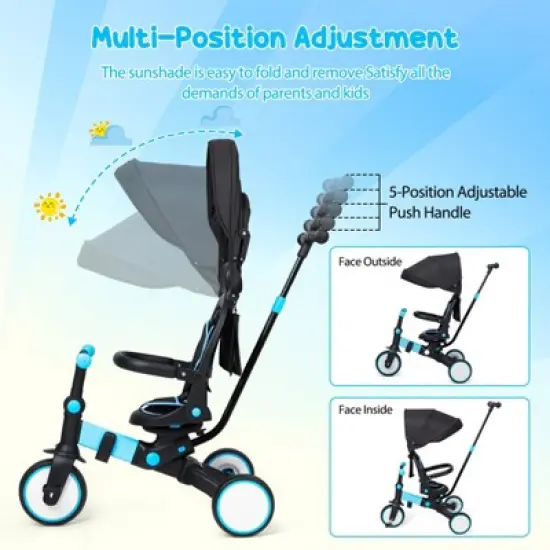 7 in 1 Baby Tricycle, Foldable Toddler Tricycle with Adjustable Parent Handle, Removable Pedal/Canopy/Guardrail for Toddler 12-72 Months, Blue image {5}