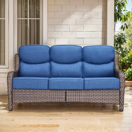 6" Thick Cushion Outdoor Wicker Patio Sofa, All Weather Wicker Outdoor Furniture 3-Seater Sofa High Back Patio Couch for Porch Balcony image {9}