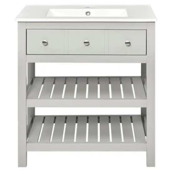 30" Bathroom Vanity with Ceramic Basin Sink, Drawer and 2-Tier Storage Shelf, Gray - ModernLuxe image {4}