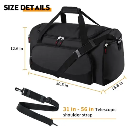 Gym Bag for Men - 55L Black Durable Large Duffle Bag for Travel, Workout, Fitness & Sport image {4}