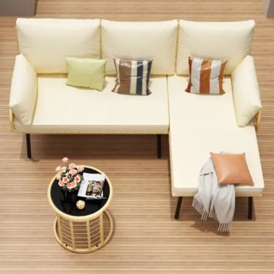 3-Piece L-Shaped Patio Furniture Set, All-Weather Outdoor Sectional Sofa with Cushions and Glass Coffee Table, Perfect for Decks, Gardens, Balconies image {3}