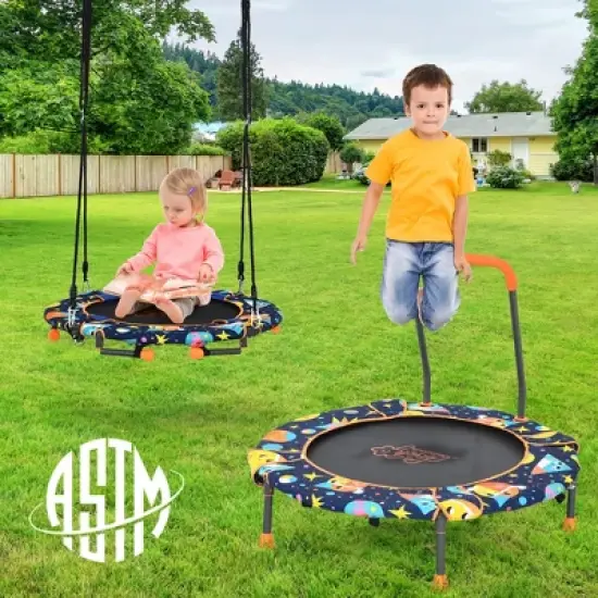 36''Convertible Swing & Trampoline Set Toddler Kids Fitness Rebounder W/Handrail image {2}