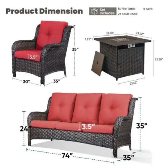 4 Pieces Outdoor Patio Furniture Set with Fire Pit Table, PE Resin All Weather Wicker Patio Propane Fire Pit Set with Patio Couch, Club Chairs in Red image {12}