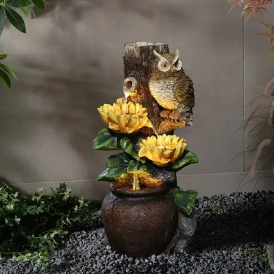 LuxenHome 28 Inch Outdoor Water Fountain, Owl and Sunflower Cascading Waterfall Fountain Outdoor and Indoor with LED Lights Brown image {2}