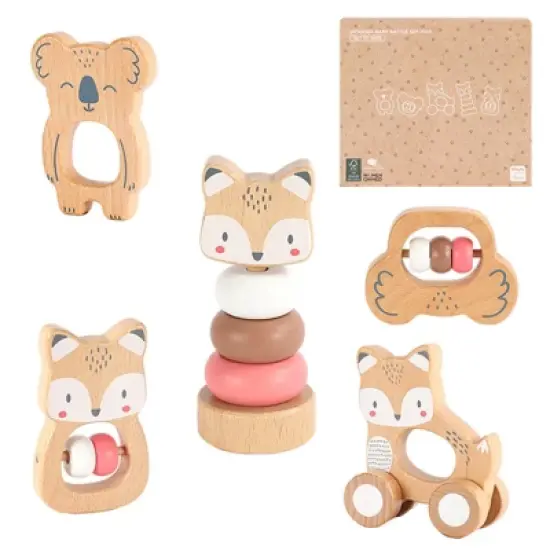 Freniland&trade; - Wooden Baby Rattle & Stacking Toy Set, Forest Friends 5 PCS Beechwood Infant Sensory Toys,Fox & Koala Grasping Combo in Pink for 10M+ image {7}
