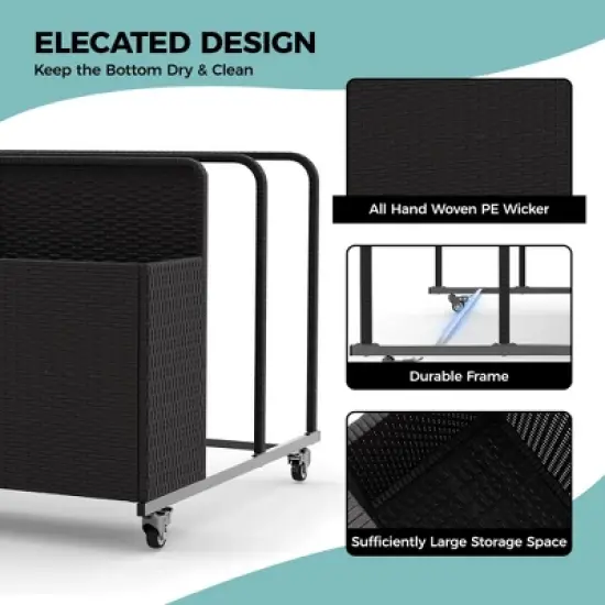 Outdoor Pool Float Storage with Wheels, PE Rattan Poolside Storage Bin Basket with Compartments and Side Shelves for Patio image {5}