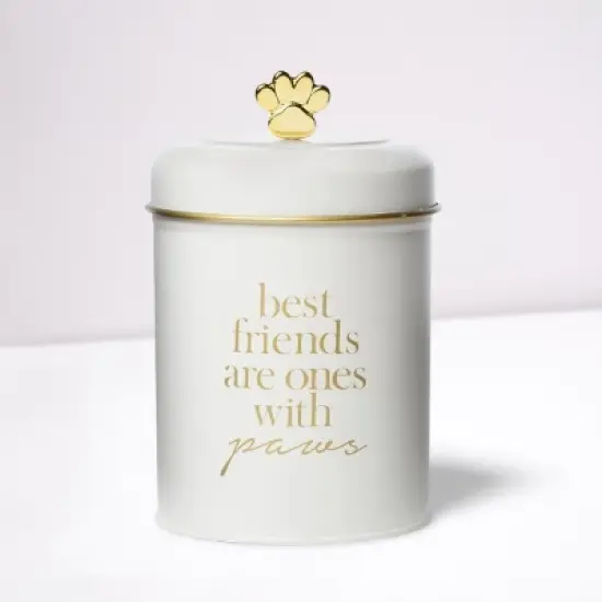 Amici Pet Stella Metal Treats Storage Canister, Cylindrical Shape with Gold Paw Shaped Knob, Food Safe, Push Top Lid, 64 Ounce Capacity image {4}