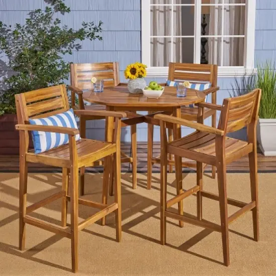 GDFStudio Brigitte Outdoor Acacia Wood 5 Piece Bar Set with Slatted Design image {9}