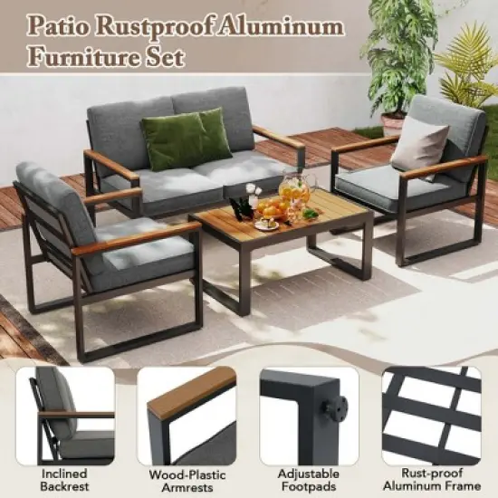 Costway 4 PCS Patio Aluminum Furniture Set Wood-Plastic Armrests & Tabletop for Balcony image {6}