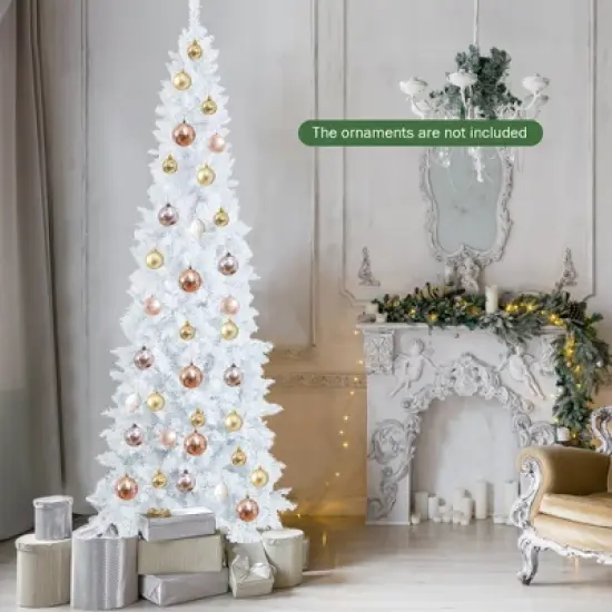 Costway 7FT Pre-Lit Hinged Pencil Christmas Tree White w/ 300 LED Lights & 8 Flash Modes image {2}