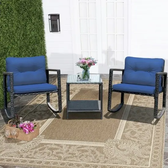Costway 3PCS Patio Rattan Furniture Set Rocking Chairs Cushioned Sofa image {11}
