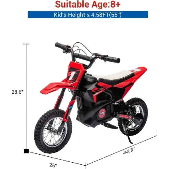 24V Kids Ride On Electric Off-Road Motorcycle,250W Motor 13.6MPH Fast Speed Dirt Bike Motocross,Leather Seat,for Kids Riding Toy, Red image {6}