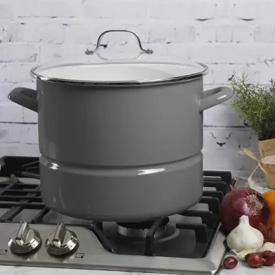Kenmore 16 Quart Enamel On Steel Stock Pot With Steamer and Lid in Graphite Grey image {4}