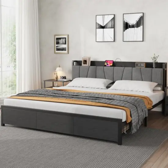 Whizmax King Size Bed Frame with Upholstered Headboard, Industrial King Platform Bed with 2 Storage Drawers and Charging Station, No Box Spring Needed image {2}