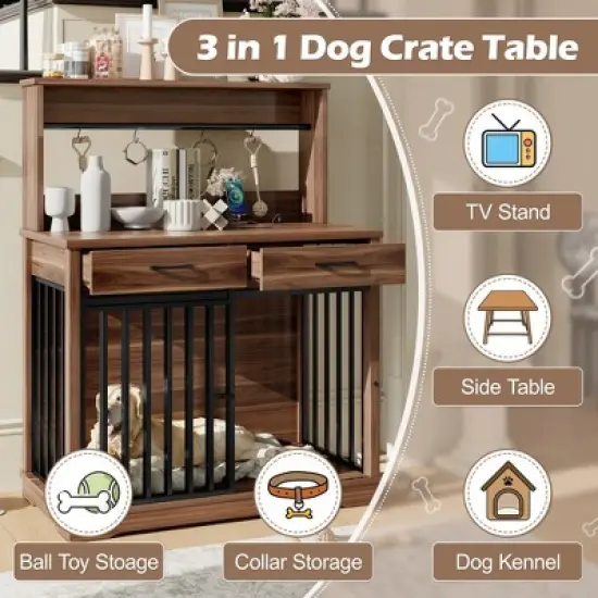 Whisen Dog Crate & Side Table & Dog Kennel with Sliding Iron Door, Ample Storage Space image {3}