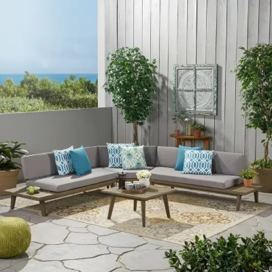 Christopher Knight Home Adelia Outdoor V-Shape Acacia Wood 5 Seater Sectional Sofa Set with Cushions image {1}