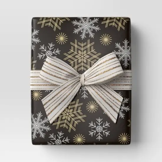 30&rdquo; 25 sq ft Christmas Roll Wrap Gold/White Snowflakes on Black - Wondershop&trade; image {1}