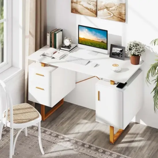Costway 51" Home Office Desk with Floating Desktop Dual Drawers Cabinet & Metal Frame image {1}