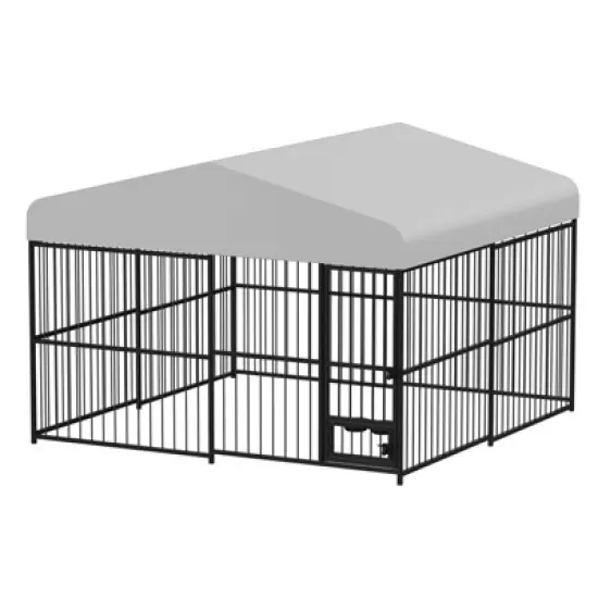 Large Outdoor Dog Kennel, 10x10FT Dog Kennel Outside with 2 Stainless Steel Bowl, Waterproof Cover, Iron Guardrails image {2}
