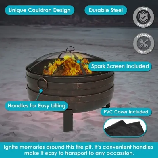Sunnydaze Heavy-Duty Steel Cauldron Fire Pit with Spark Screen and PVC Protective Cover - 28.5-Inch Round - Brushed Bronze image {3}