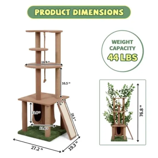 Sandinrayli 76 in. Cat Tree Tower Condo with Green Leaves and Scratching Posts image {10}