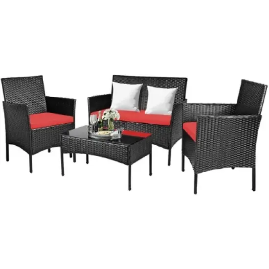 Costway 4PCS Rattan Patio Furniture Set Cushioned Sofa Chair Coffee Table Red image {2}