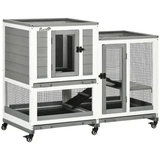 PawHut Three Story Rabbit Hutch, Indoor Wooden Rabbit Cage Bunny Hutch with Runs, Wheels, Waterproof Roof and Removable Tray, Gray image {6}