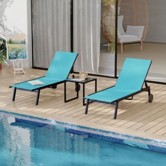 Adjustable Backrest Poolside Loungers Set of 3, Outdoor Lounge Chairs With Wheels, Patio Chaise Lounge Chairs With Side Table image {6}