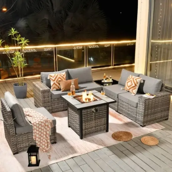 Marlton 7pc Wicker Outdoor Patio Furniture Set Conversation Sofa Set with a Fire Pit and Cushions image {16}