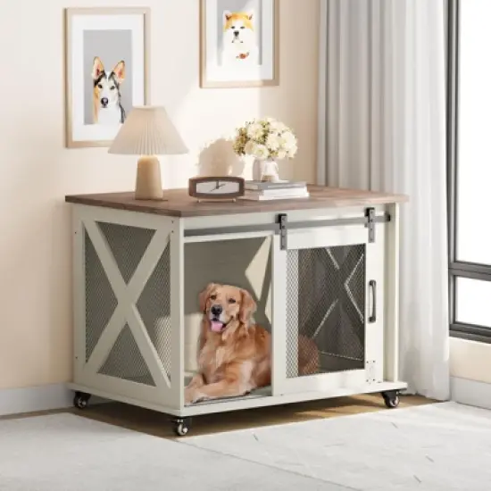 37" Dog Crate, Farmhouse Dog Crate Furniture with Sliding Barn Door, Flip Top Wooden Dog Kennel End Table with Wheels and Movable Divider image {4}