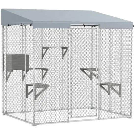 PawHut Large Catio Outdoor Cat Enclosure, Galvanized Steel Outdoor Cat House with 420D Waterproof Canopy for 1-3 Large Cat, Walk-in Cat Cage, Silver image {3}