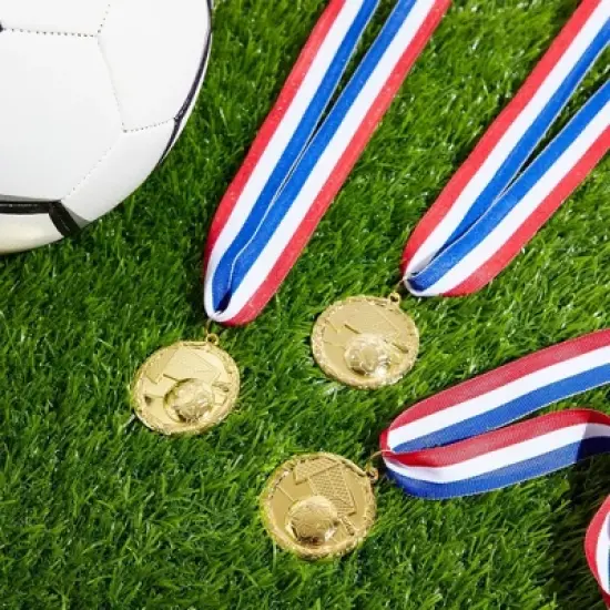 Juvale 12 Pack Soccer Award Medals Adults - Durable Red, White, and Blue 15.5" Ribbon (2 In, Metal, Gold) image {2}
