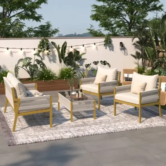 Lycvki 4-Piece Rope Patio Conversation Set with Glass Table and Cushion image {2}
