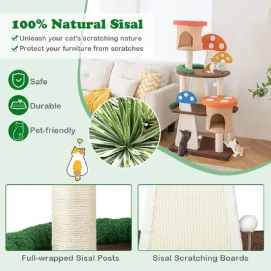 Tangkula Wooden Cat Tree w/ Sisal Scratch Board & Post Padded Perch Hanging Toys Modern image {3}