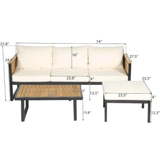 3 PCS Outdoor Sofa Set, 3-Seater Sofa Set with Table and Ottoman, Acacia Wood Sofa with Metal Frame and Polyester Cushion-Coolbibila image {3}