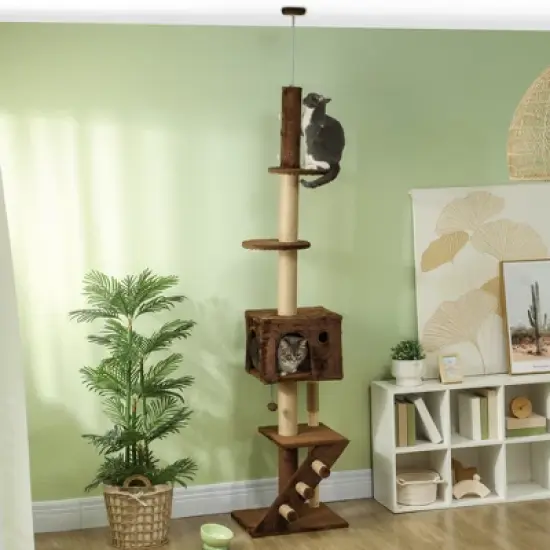 PawHut Floor to Ceiling Cat Tree, Adjustable Height 89"-104" Cat Tower with Cat Condo, Scratching Posts, Perches, 3-Steps, Hanging Ball & Anti-Tip Kit image {2}