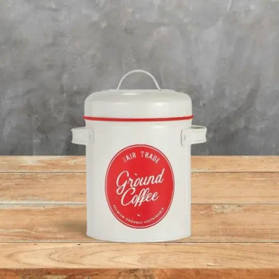 Amici Home Fair Trade Ground Coffee Metal Canister, White/Red Accents, Container Air-Tight Seal, Storing Coffee Beans or Loose Leaf Tea, 64 oz. image {4}
