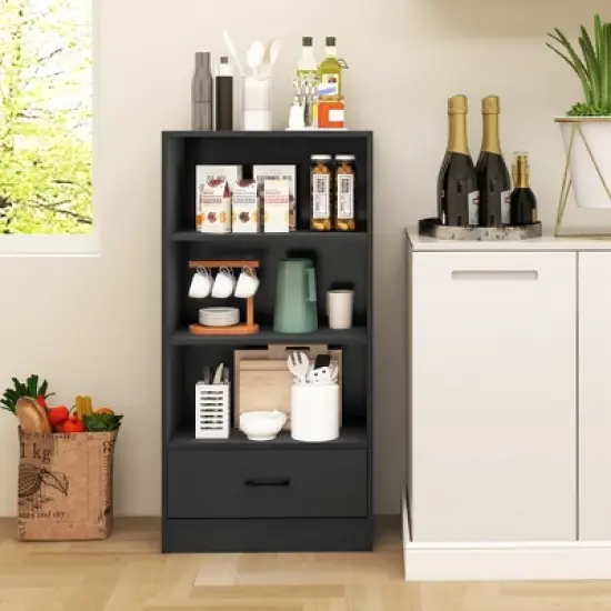 Costway 4-Tier Bookcase 48'' Display Bookshelf Storage Organizer with Shelves & Drawer Grey/White/Natural image {4}