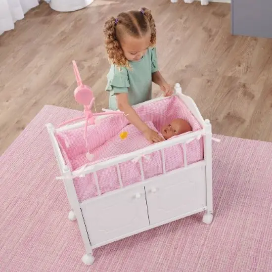 Badger Basket Cabinet Doll Crib with Gingham Bedding and Free Personalization Kit - White/Pink image {3}