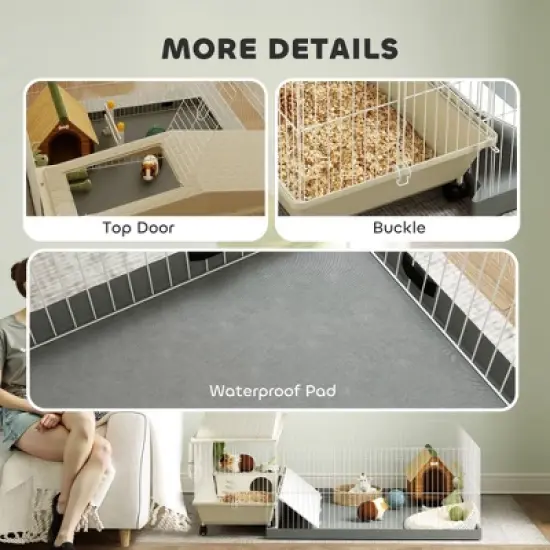 PawHut Small Animal Cage, Guinea Pig Cage with Removable Pet Playpen, Waterproof Pad, Hay Feeder, Water Bottle, Food Dish, Soft-Coverd Ramp, Wheels image {4}