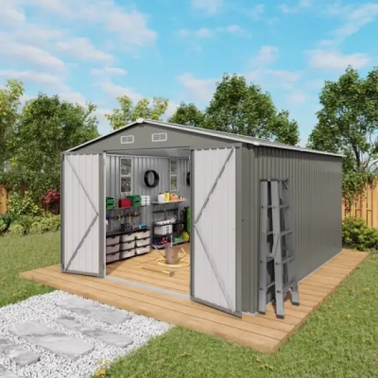 10x12FT Outdoor Storage Shed Large Metal Garden Shed with Double Door Two Window Waterproof Tool Shed for Backyard Patio Lawn Poolside ,Grey image {2}