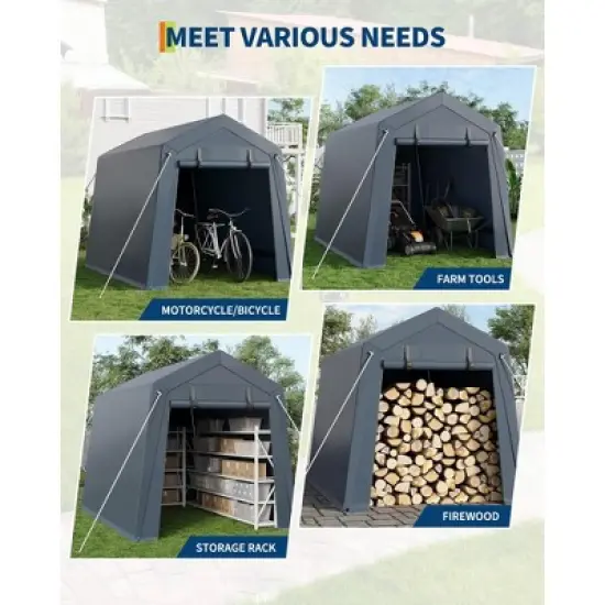 6' x 8' x 7' Outdoor Storage Shed, Portable Garage Tent with Waterproof PE Tarp, Roll-Up Zippered Doors & Vents for Bike, ATV, Motorcycle, Grey image {3}