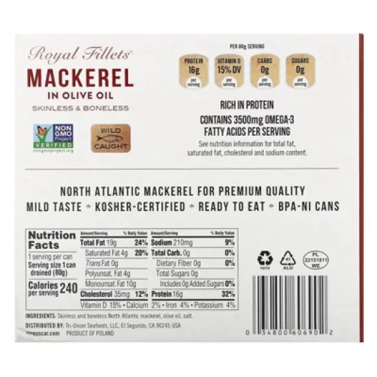 King Oscar Royal Fillets, Mackerel In Olive Oil, 6 Pack, 4.05 oz (115 g) Each image {1}