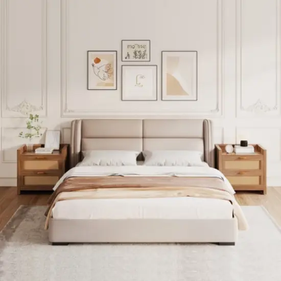 Night Stand Set of 2, Modern Nightstand, Bedside Tables with 2 PE Rattan Drawers, Rattan Nightstands for Bedroom Living Room image {3}