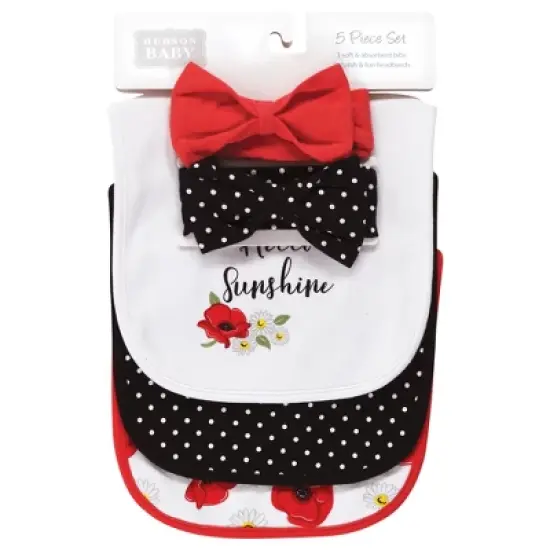 Hudson Baby Infant Girl Cotton Bib and Headband or Caps Set, Poppy Daisy, One Size image {1}