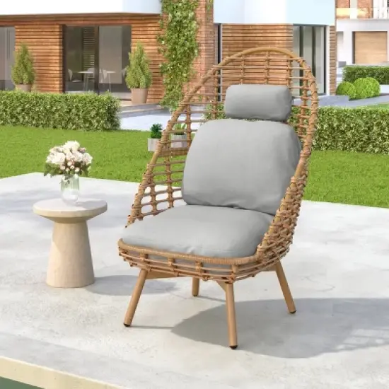 Outdoor Wicker Patio Egg Chair With Cushions, Backrest Swivel Accent Chair, All-Weather Patio Furniture for Backyard or Balcony-Maison Boucle image {7}