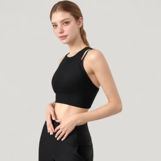 Anna-Kaci Active Women's Ribbed High Neck Crop Top with Double Strap Detail image {2}