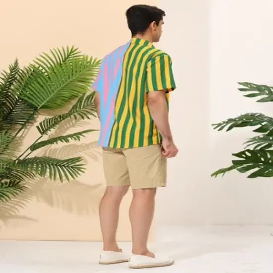 Lars Amadeus Men's Summer Button Down Contrast Color Vertical Stripes Patchwork Shirts image {4}